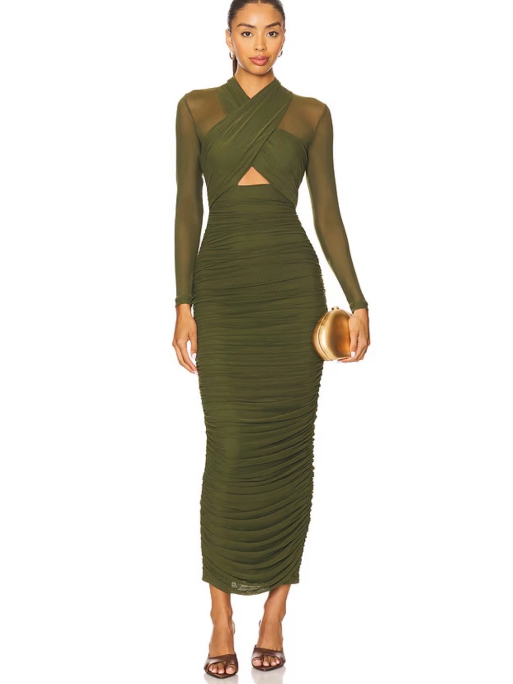 Bardot Olive Green Long Sleeve Ruched Midi Dress